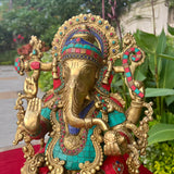 16 Inches Lord Ganesh Brass Idol Stonework - handcrafted Ganpati Decorative Statue for Home Decor - Housewarming Gift - Crafts N Chisel - Indian Home Decor USA