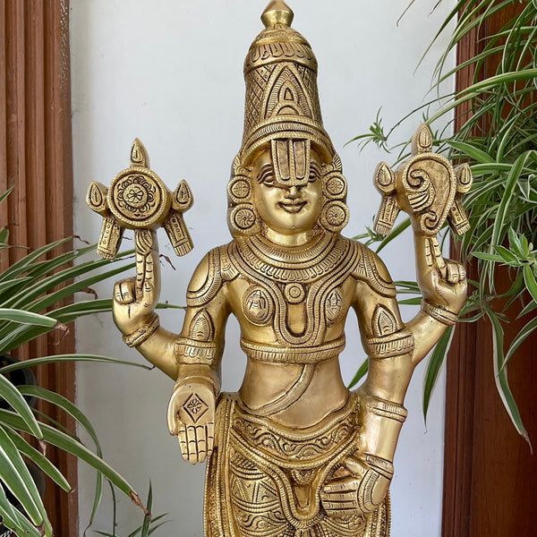 24 inches Lord Balaji Brass Idol - Tirupati Statue - Decorative Murti Home Decor - Crafts N Chisel - Indian Home Decor USA