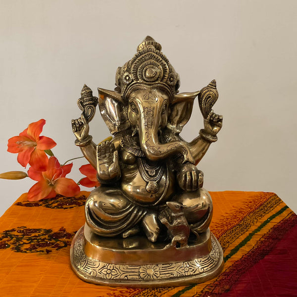 14 Inch Lord Ganesh Brass Idol - Ganpati Decorative Statue for Home Decor - Crafts N Chisel - Indian Home Decor USA