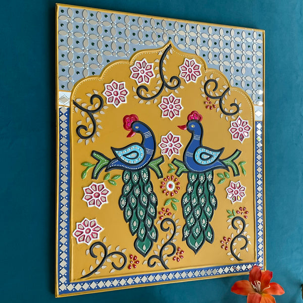Twin Peacock Lippan Art Wall Hanging - Clay Mirror Wall Decor - Crafts N Chisel - Indian Home Decor USA