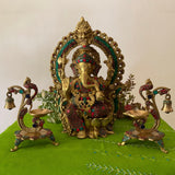 15 Inch Lord Ganesh Brass Idol Stonework And 7 Inch Peacock Diya With Bell Home Pooja Decor (Set of 3) - Crafts N Chisel - Indian Home Decor USA