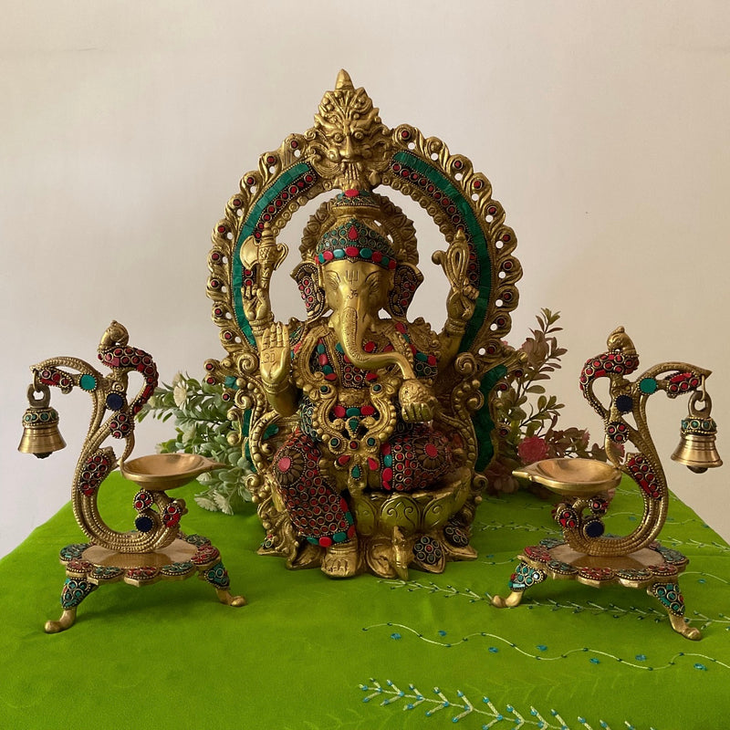 15 Inch Lord Ganesh Brass Idol Stonework And 7 Inch Peacock Diya With Bell Home Pooja Decor (Set of 3) - Crafts N Chisel - Indian Home Decor USA