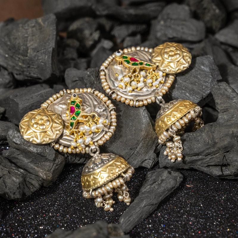Majestic Grace Parrot Jhumka Sterling Silver Earring - Crafts N Chisel - Indian Home Decor USA