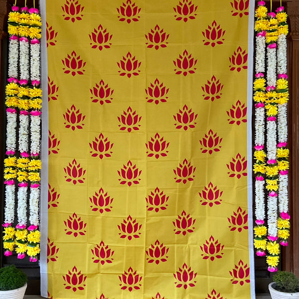 Red Lotus Yellow Backdrop With Artificial Flower Garlands (Set of 7 pcs) - Festive Decoration Wall Hanging - Crafts N Chisel - Indian Home Decor USA