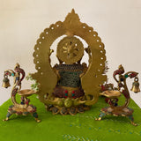 15 Inch Lord Ganesh Brass Idol Stonework And 7 Inch Peacock Diya With Bell Home Pooja Decor (Set of 3) - Crafts N Chisel - Indian Home Decor USA