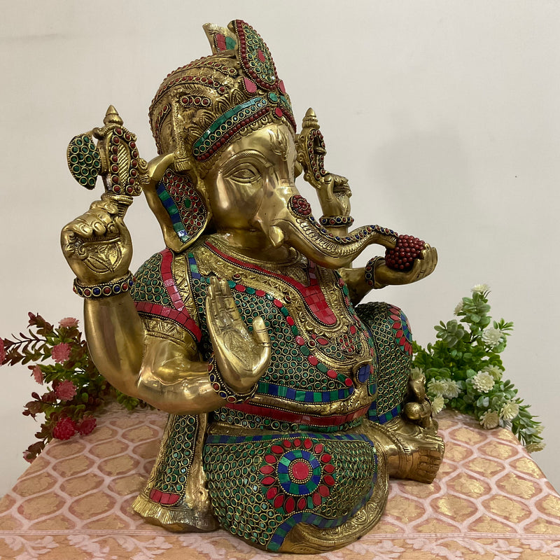 Big Ganesha Statue of Home Entrance Decor Idol - Brass Stonework Murti - Crafts N Chisel - Indian Home Decor USA