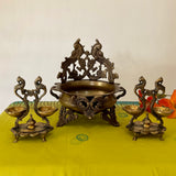 10 Inches Peacock Brass Urli Bowl And Diya Set For Home Decor - Antique Finish - Crafts N Chisel - Indian Home Decor USA