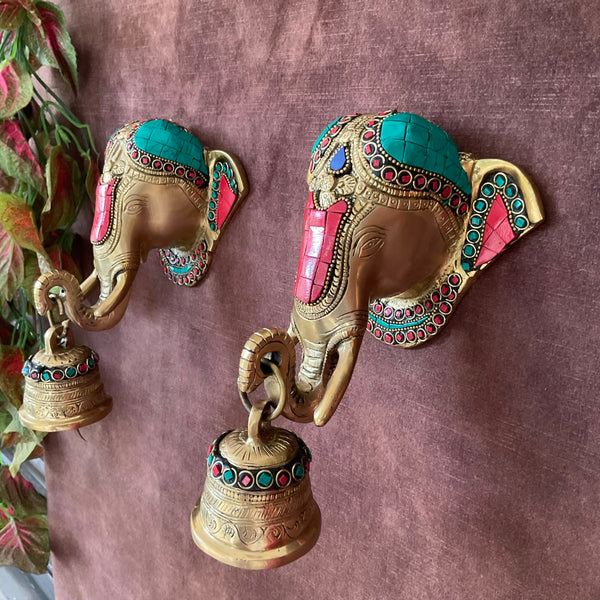 Elephant Bell (Set of 2) Stonework - Decorative Brass Wall Hanging - Crafts N Chisel - Indian Home Decor USA