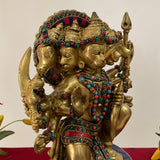 12.5 Inch Lord Hanuman Punchmukhi Idol - Brass Stonework Decorative Home Decor - Crafts N Chisel - Indian Home Decor USA