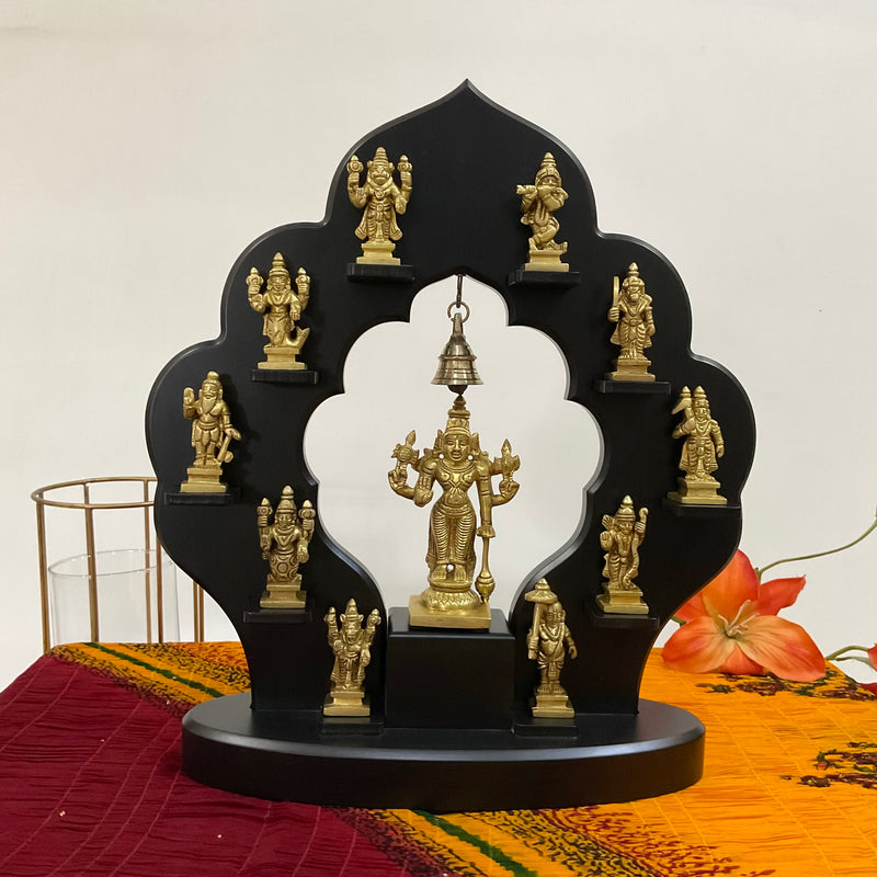 Lord Vishnu Dashavatar Brass Idol With Wooden Frame - Traditional Wall Hanging - Crafts N Chisel - Indian Home Decor USA