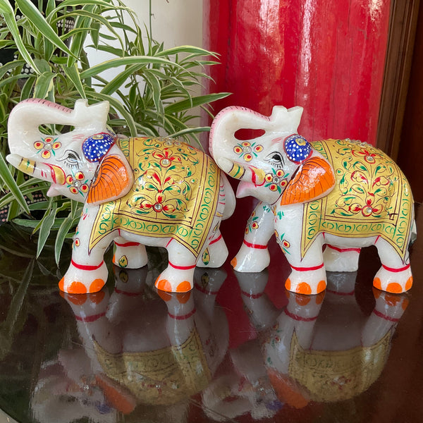 Handcrafted 5 Inches Marble Elephant (Set of 2) - Meenakari Stone Art - Table Animal Decor - Crafts N Chisel - Indian Home Decor USA