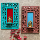 Brass Lakshmi Ganesha Idol With Distressed Wooded Frame Wall Hanging (Set of 4) - Decorative Wall Decor for Living Room - Crafts N Chisel - Indian Home Decor USA