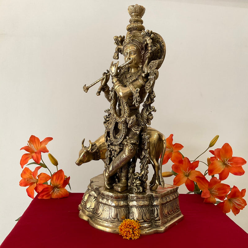 23 Inch Lord Krishna Cow Calf Brass idol - Krishna Statue for Indian Decor - Crafts N Chisel - Indian Home Decor USA