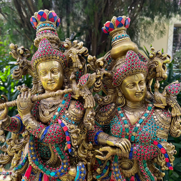28 Inch Radha Krishna With Cow Brass Stonework Statue Idol - Crafts N Chisel - Indian Home Decor USA