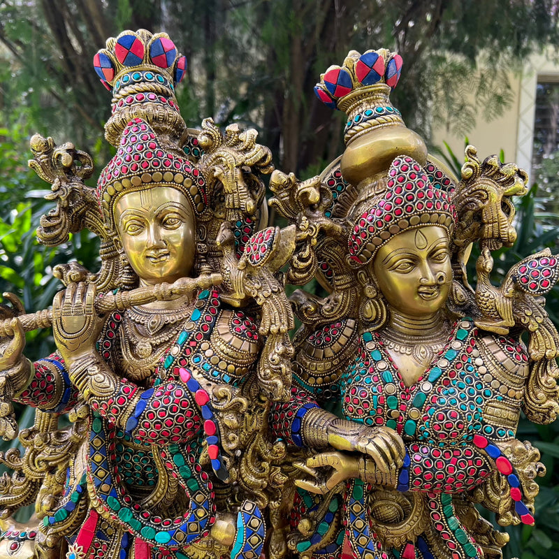 28 Inch Radha Krishna With Cow Brass Stonework Statue Idol - Crafts N Chisel - Indian Home Decor USA