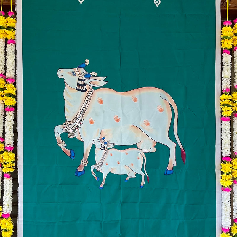 Pichwai Cow Backdrop With Artificial Flower Garlands (Set of 7 pcs) - Festive Decoration Wall Hanging - Crafts N Chisel - Indian Home Decor USA