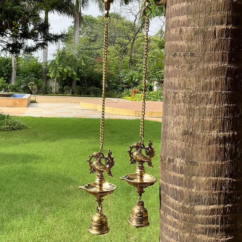 Annapakshi Hanging Diya Lamp With Bell Brass Festive Home Decor - Crafts N Chisel - Indian Home Decor USA