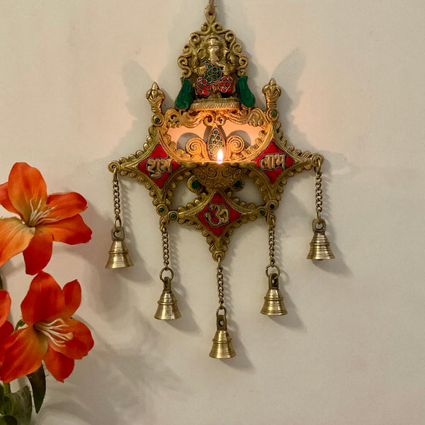 Shubh Labh Ganesha Wall Hanging Diya Bell - Brass Stonework Decor - Crafts N Chisel - Indian Home Decor USA