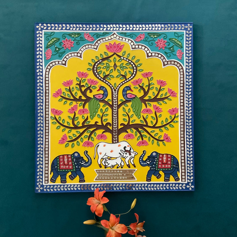 Cow Calf Elephant Tree of Life Lippan Wall Hanging - Clay Mirror Wall Decor - Crafts N Chisel - Indian Home Decor USA