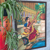 Seated Women Playing Sitar Handmade Oil Painting - Raja Ravi Varma Painting Recreation - Wall Decor - Crafts N Chisel - Indian Home Decor USA