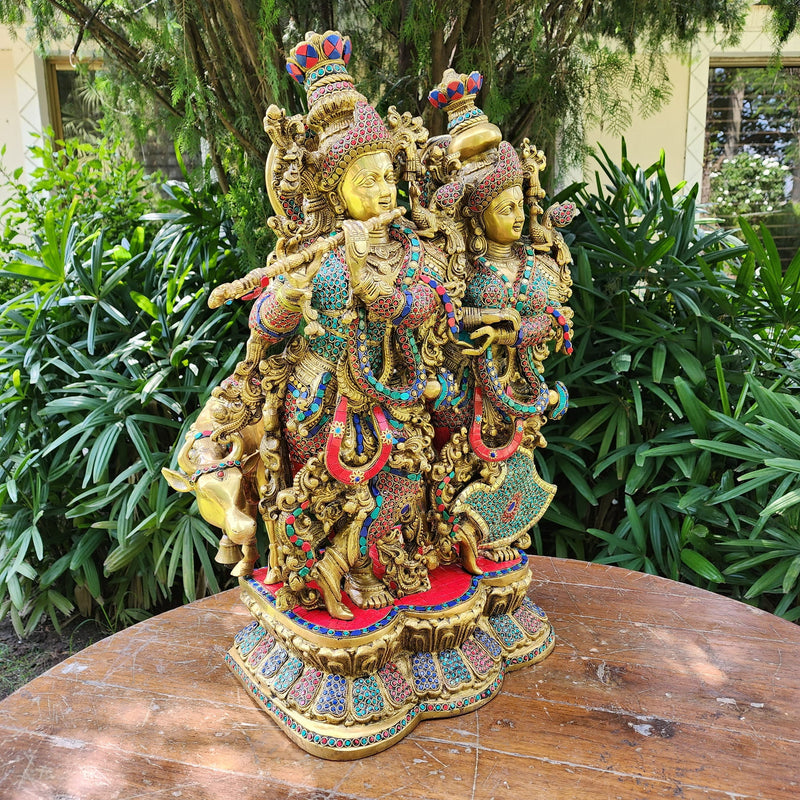 28 Inch Radha Krishna With Cow Brass Stonework Statue Idol - Crafts N Chisel - Indian Home Decor USA
