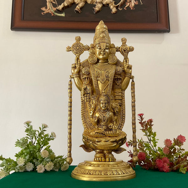 19.5 inch Lord Balaji Lakshmi Brass Idol - Tirupati Statue - Decorative Murti Home Decor - Crafts N Chisel - Indian Home Decor USA