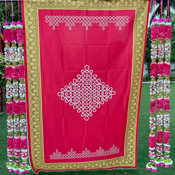Mandala Red Backdrop With Artificial Flower Garlands (Set of 7 pcs) - Festive Decoration Wall Hanging - Crafts N Chisel - Indian Home Decor USA
