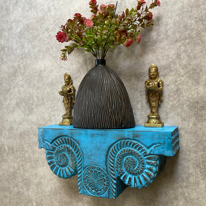 Distressed Wooded Blue Platform With Deep Lakshmi Wall Hanging - Decorative Wall decor (Set of 3) - Crafts N Chisel - Indian Home Decor USA