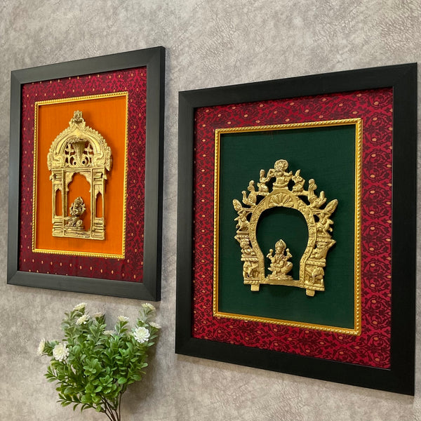 Framed Brass Prabhavali (Set of 2) - Lakshmi Ganesha - Ethnic Wall Decor - Crafts N Chisel - Indian Home Decor USA