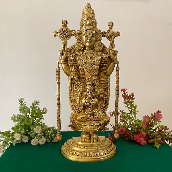 19.5 inch Lord Balaji Lakshmi Brass Idol - Tirupati Statue - Decorative Murti Home Decor - Crafts N Chisel - Indian Home Decor USA