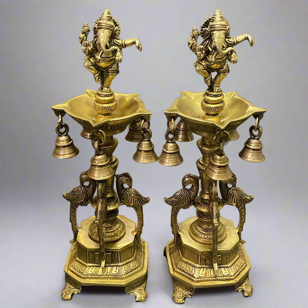 14 Inches Dancing Ganesha Brass Diya Lamp (Set of 2) - Temple Decor - Brass Diya For Pooja - Crafts N Chisel - Indian Home Decor USA