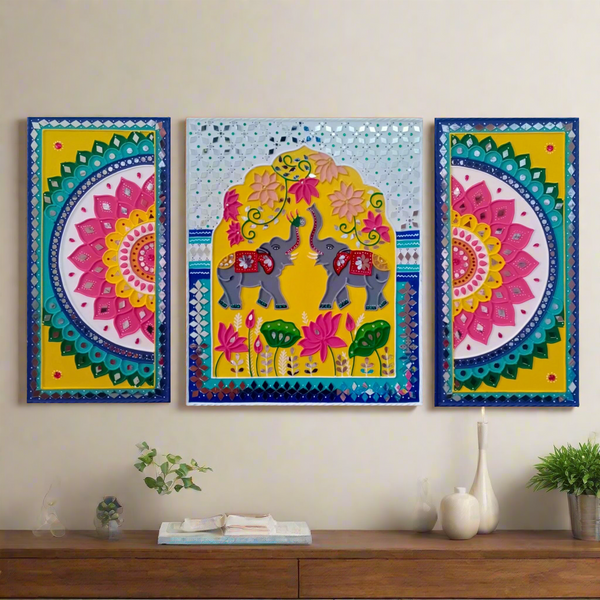 Elephant Flower Rangoli Lippan Wall Hanging - Clay Mirror Wall Decor (Set of 3) - Crafts N Chisel - Indian Home Decor USA