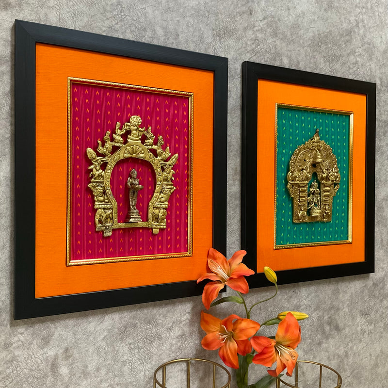 Framed Brass Prabhavali (Set of 2) - Lord Krishna And Deep Lakshmi - Ethnic Wall Decor - Crafts N Chisel - Indian Home Decor USA