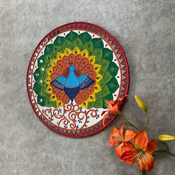 18 Inches Peacock Lippan Art Wall Hanging - Clay Mirror Wall Decor - Crafts N Chisel - Indian Home Decor USA