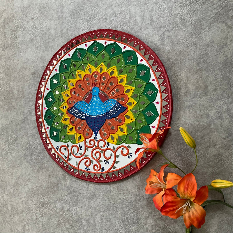 18 Inches Peacock Lippan Art Wall Hanging - Clay Mirror Wall Decor - Crafts N Chisel - Indian Home Decor USA
