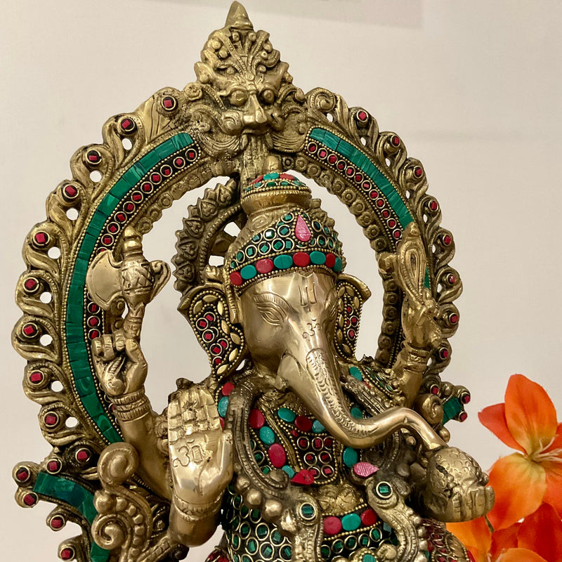 17.5 Inches Lord Ganesh Brass Idol Stonework - handcrafted Ganpati Decorative Statue for Home Decor - Housewarming Gift - Crafts N Chisel - Indian Home Decor USA