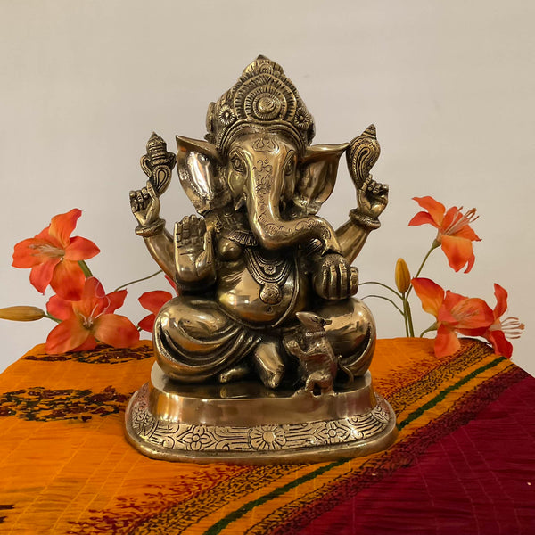 14 Inch Lord Ganesh Brass Idol - Ganpati Decorative Statue for Home Decor - Crafts N Chisel - Indian Home Decor USA