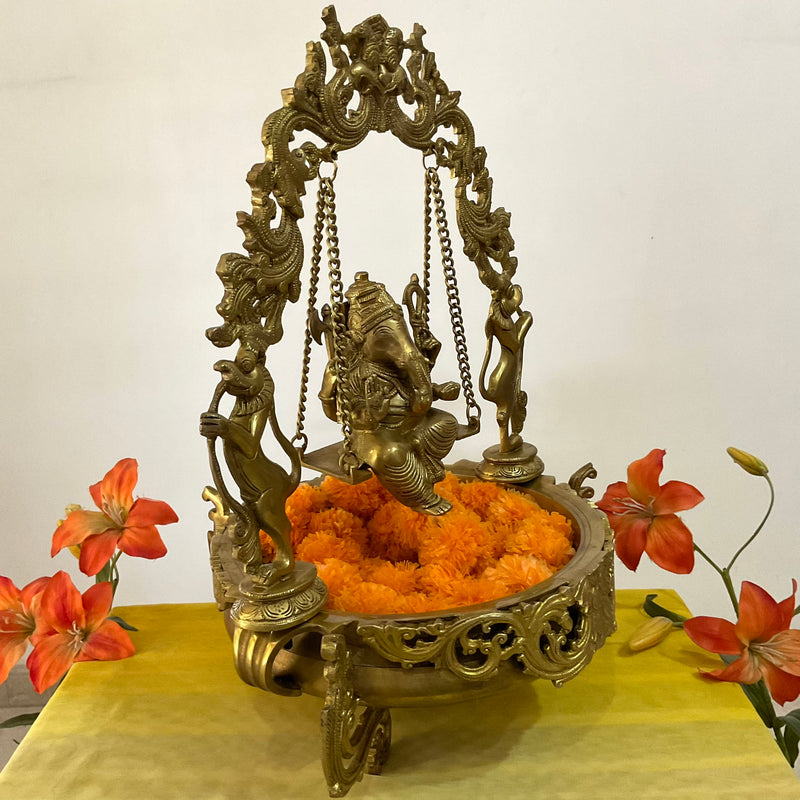 Ganesha Swing Decorative Brass Urli - Festive Indian Decor - Crafts N Chisel - Indian Home Decor USA