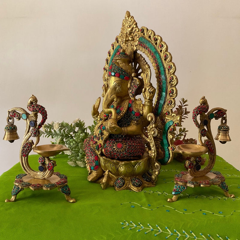 15 Inch Lord Ganesh Brass Idol Stonework And 7 Inch Peacock Diya With Bell Home Pooja Decor (Set of 3) - Crafts N Chisel - Indian Home Decor USA