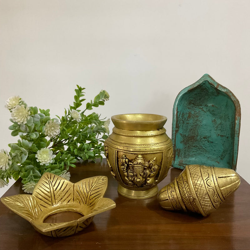 Lakshmi Ganesha Brass Kalash With Coconut For Pooja - Crafts N Chisel - Indian Home Decor USA