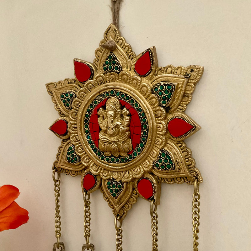 Ganesha Wall Hanging Bell - Brass Stonework Decor - Crafts N Chisel - Indian Home Decor USA