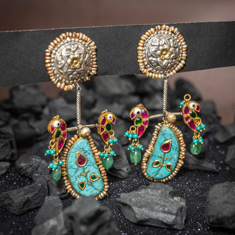 Twin Parrot Turquoise Sterling Silver Earring - Crafts N Chisel - Indian Home Decor USA