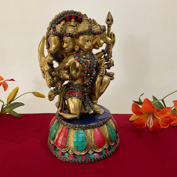 12.5 Inch Lord Hanuman Punchmukhi Idol - Brass Stonework Decorative Home Decor - Crafts N Chisel - Indian Home Decor USA