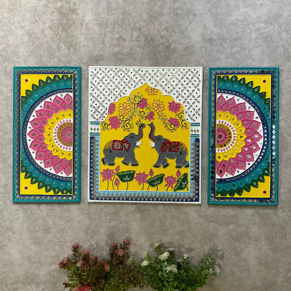 Elephant Flower Rangoli Lippan Wall Hanging - Clay Mirror Wall Decor (Set of 3) - Crafts N Chisel - Indian Home Decor USA