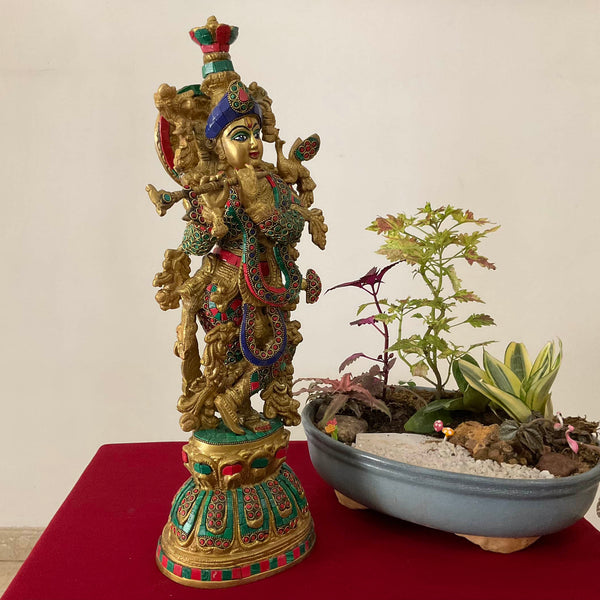 20 Inches Lord Krishna Statue, Brass Stonework Idol for Pooja, Home Entrance - Crafts N Chisel - Indian Home Decor USA