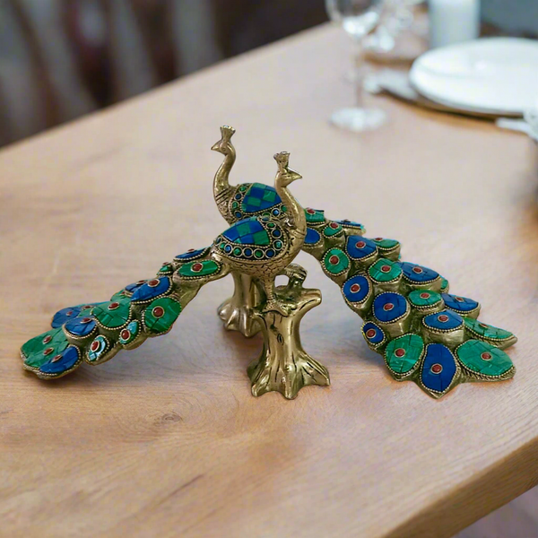 9 Inches Handcrafted Brass Peacock With Stonework (set of 2) - Crafts N Chisel - Indian Home Decor USA