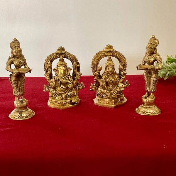 4.4 Inches Lakshmi Ganesh Brass Idol With Deep Lakshmi Diya Pooja Decor - Diwali Gift Set - Crafts N Chisel - Indian Home Decor USA