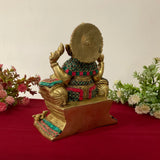 9 Inches Lord Ganesh Brass Idol - handcrafted turquoise Inlay - Decorative Figurine - Crafts N Chisel - Indian Home Decor USA