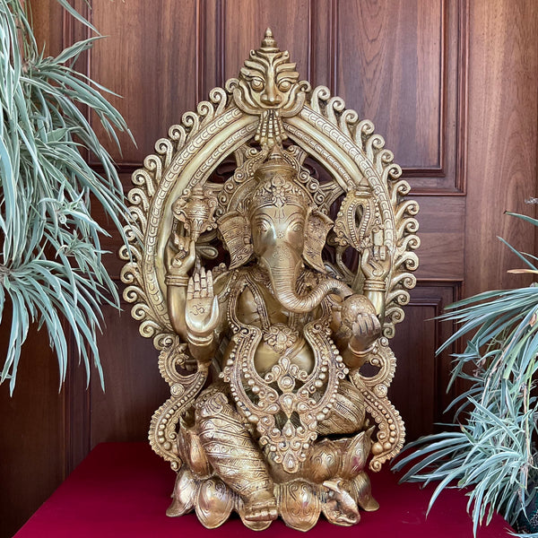 25 Inches Lord Ganesh Brass Idol With Prabhavali - Handcrafted Ganpati Decorative Statue for Home Decor