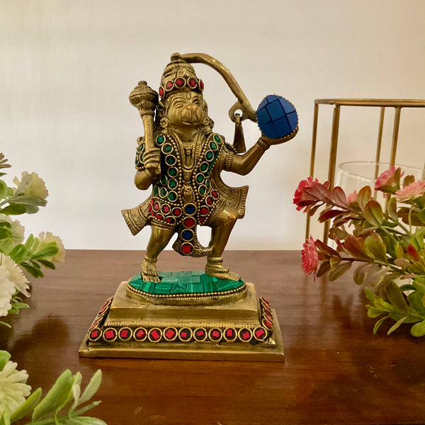 6 Inch Sankat Mocham Hanuman Brass Idol With Stonework - Crafts N Chisel - Indian Home Decor USA